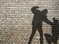 Shadows of assault on a brick wall